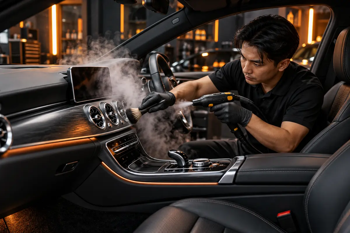 Technician professionally detailing a vehicle interior